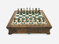 Handle Green Epoxy chess set with bronze pieces set up for play, front view