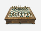Handle Green Epoxy chess set with bronze pieces set up for play, front view