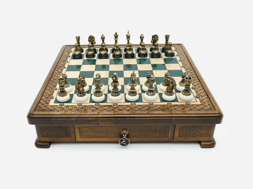 Handle Green Epoxy chess set with bronze pieces set up for play, front view