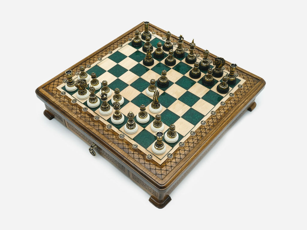 Handle Green Epoxy chess set set up for play, angled top-down view
