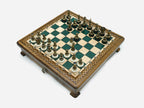 Handle Green Epoxy chess set set up for play, angled top-down view