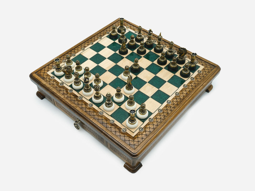 Handle Green Epoxy chess set set up for play, angled top-down view