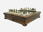 Handle Green Epoxy chess set closed, angled view showing the drawer and feet