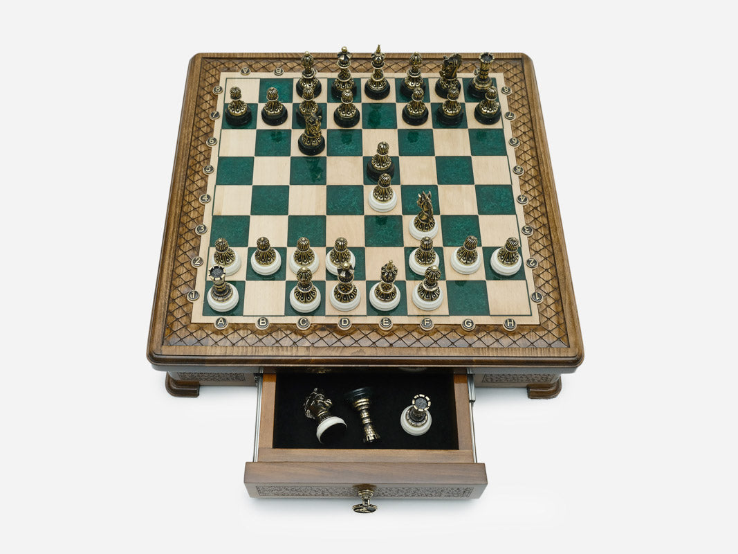 Handle Green Epoxy chess set top-down view with pieces set up for play