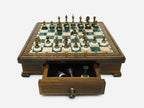 Handle Green Epoxy chess set with the storage drawer open showing spare pieces