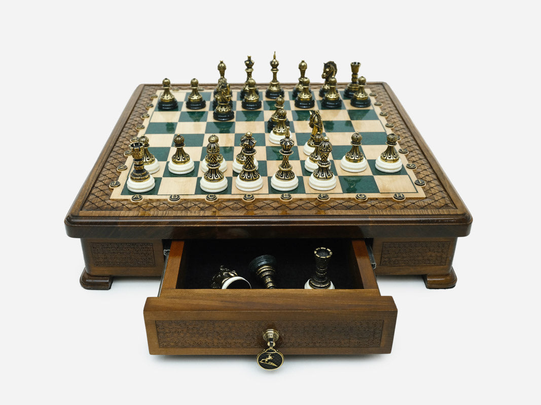Handle Green Epoxy chess set with the storage drawer open showing spare pieces
