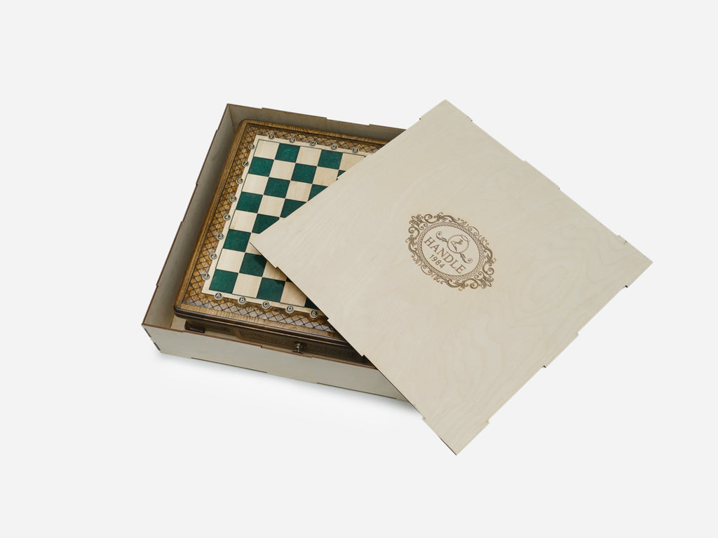 Handle Green Epoxy chess set packed in its wooden shipping crate