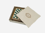 Handle Green Epoxy chess set packed in its wooden shipping crate