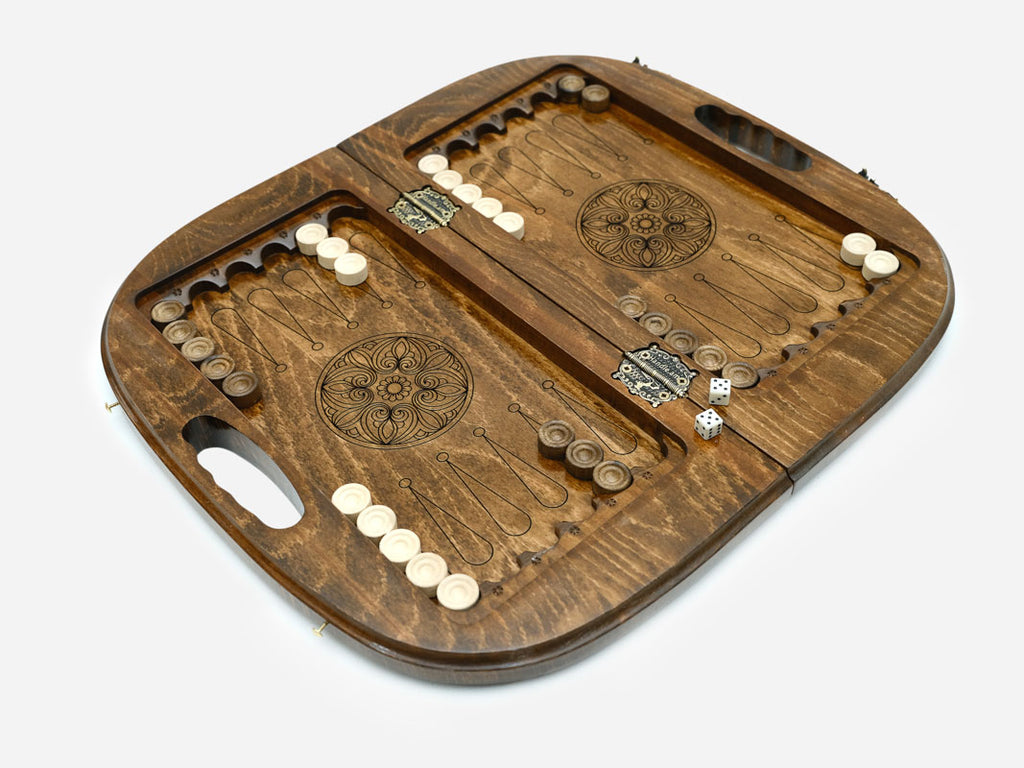 Top-down view of the opened board set up for chess with beech and walnut pieces