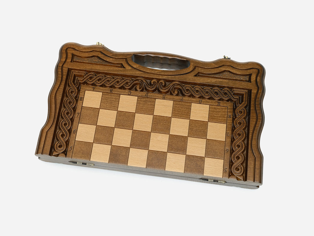 Carved chess and backgammon set detail 12