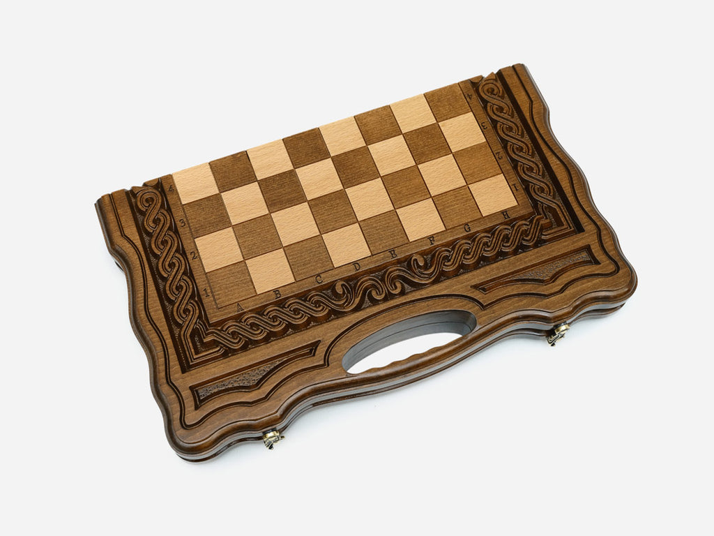 Carved chess and backgammon set detail 11