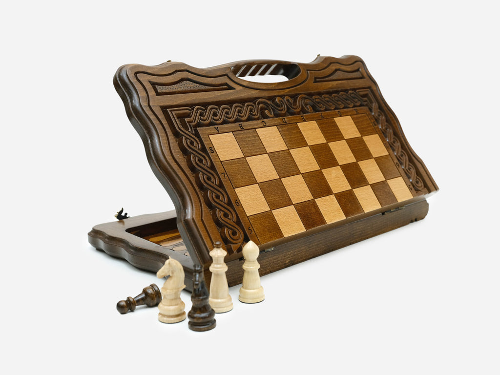 Carved Beech Chess and Backgammon Set