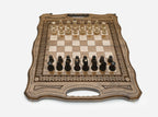 Detail of the beech and walnut Staunton chess pieces on the maple and walnut squares