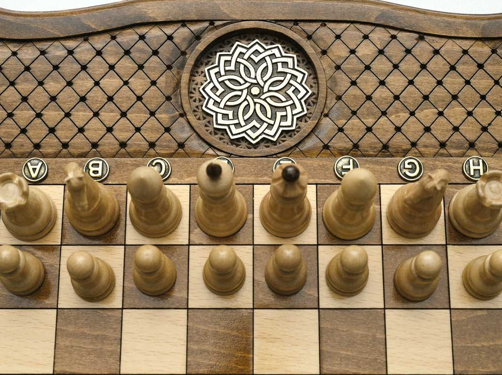 Ornamental Rosette chess set shown folded