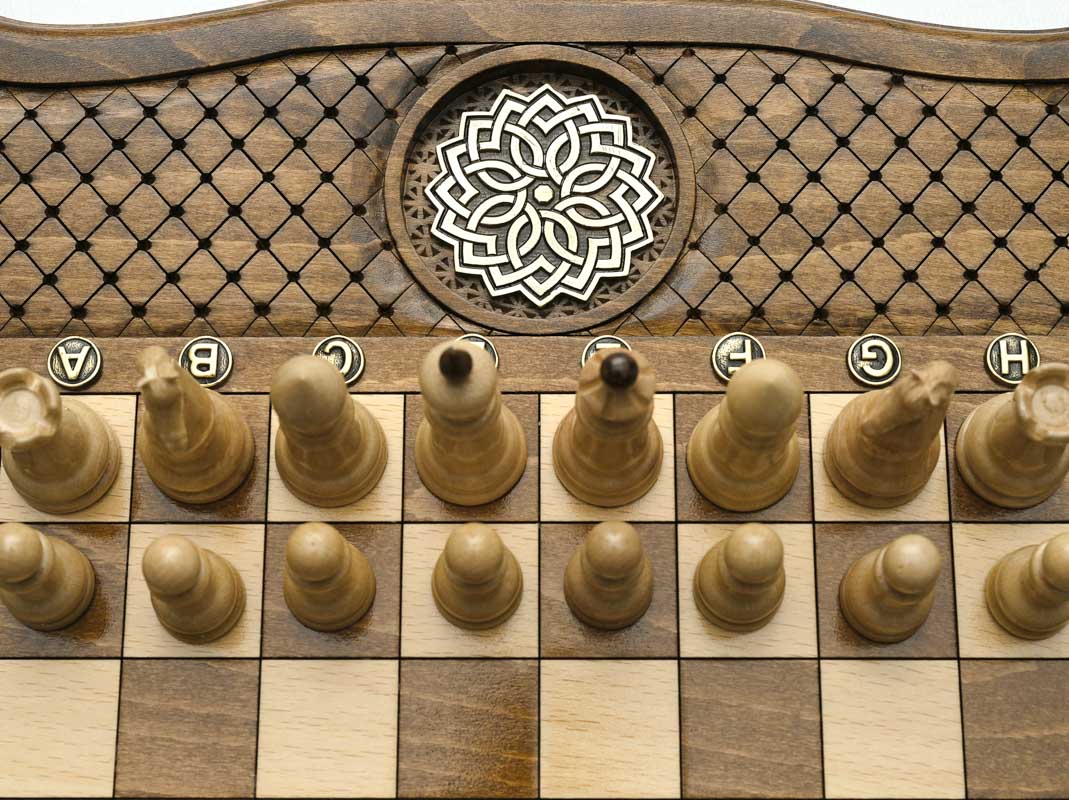Ornamental Rosette chess set shown folded