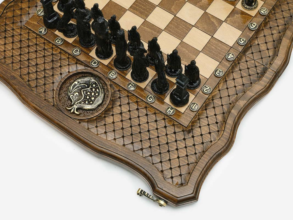 Pomegranate and Grapevine chess set shown folded