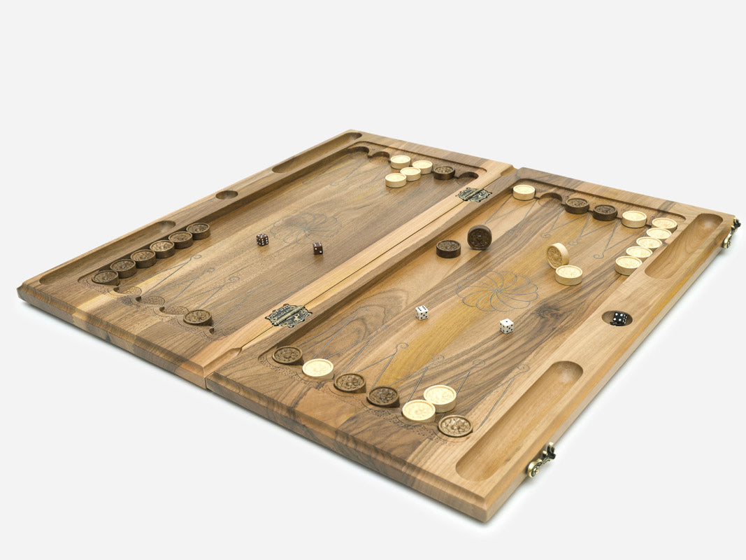 Angled view of the silver inlay ornament backgammon board