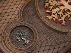The backgammon board opened to show the wooden playing surface