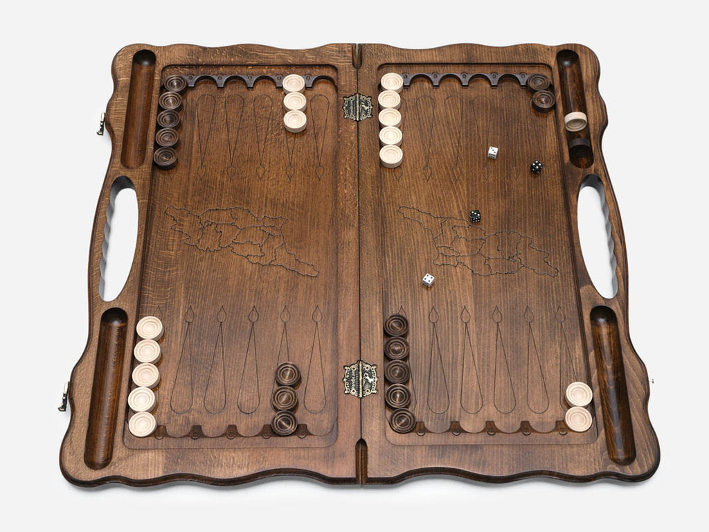 Angled view of the Georgian flag carved backgammon board