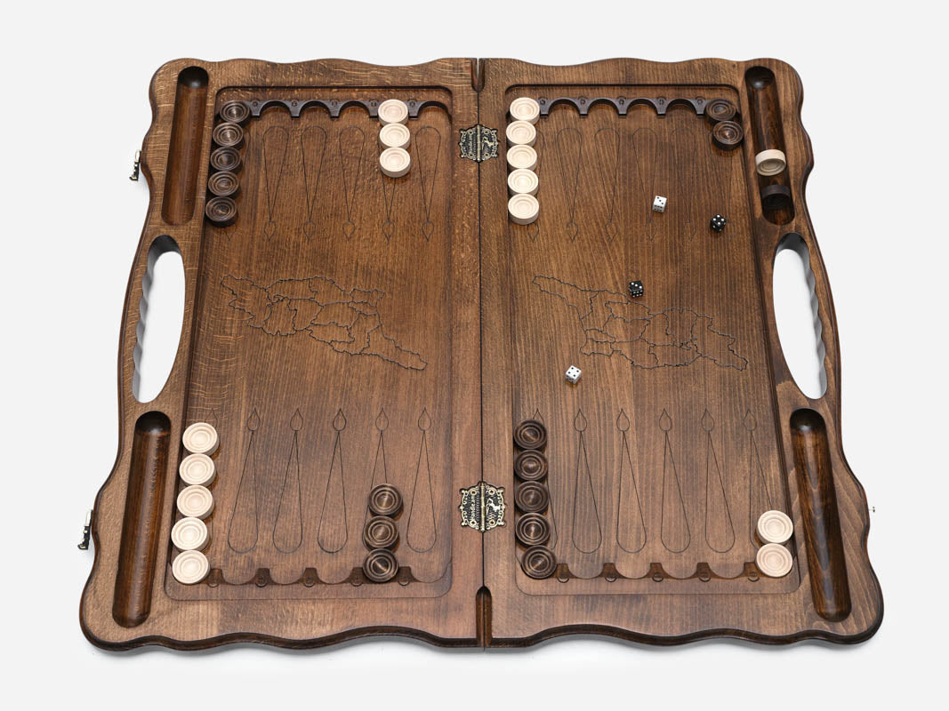 Angled view of the Georgian flag carved backgammon board