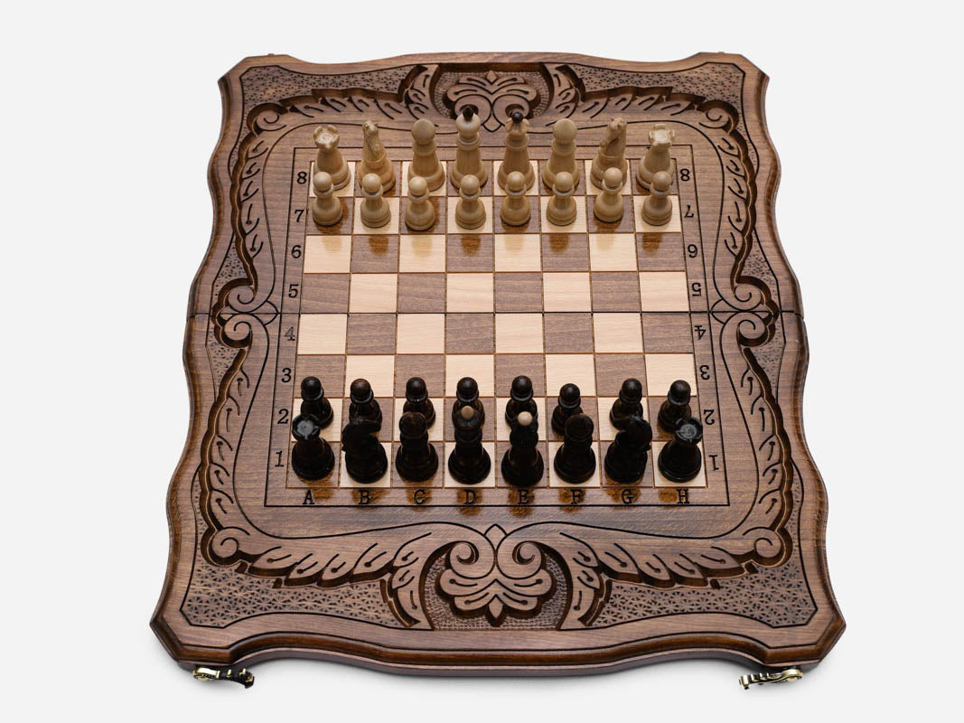 Ornamental Rosette chess set shown folded