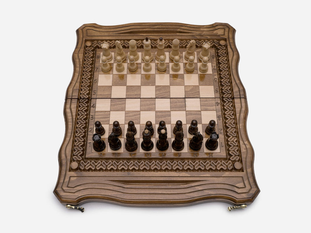 Ornamental Rosette chess set shown folded