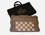 Handle 1984 chess set closed with its branded black carrying bag