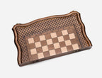 Handle chess board closed, angled view showing the brass hinges