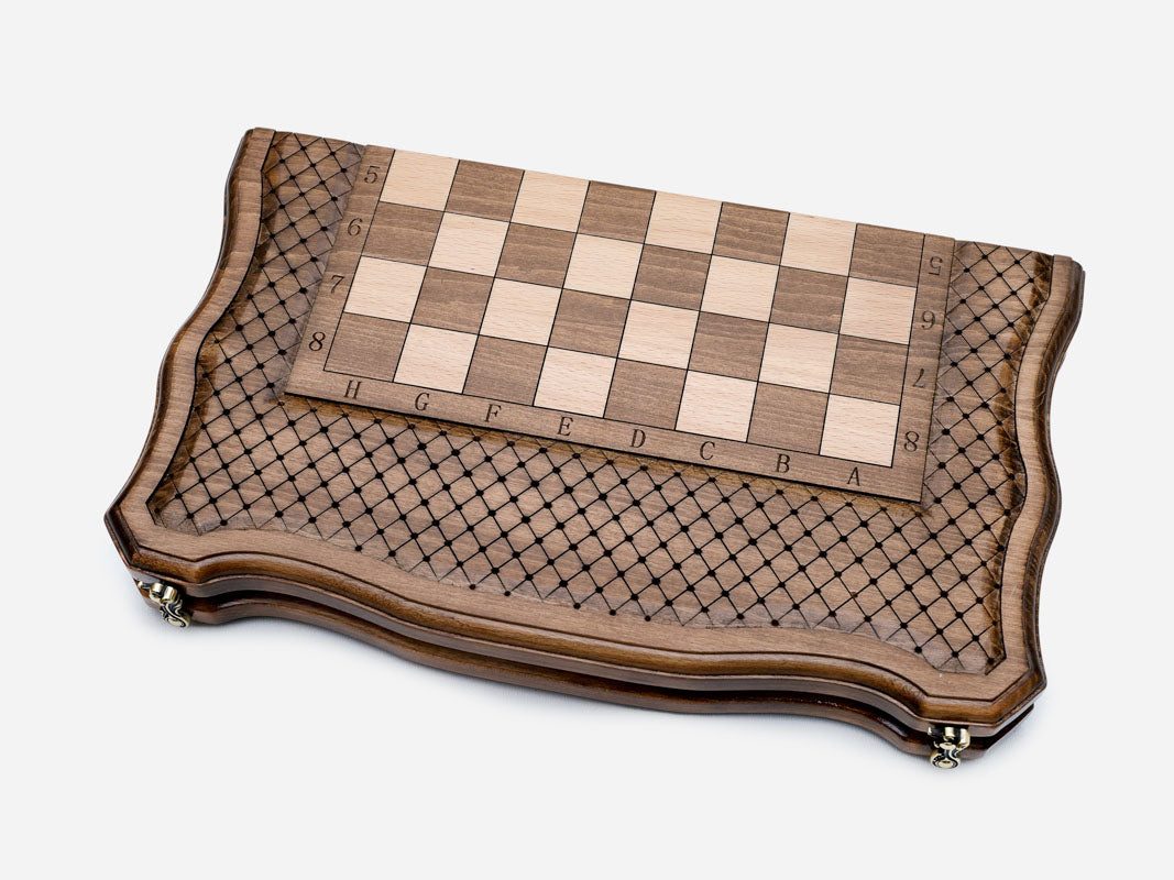 Handle chess board closed, angled view of the case with clasps and engraved lettering