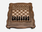 Handle chess board open flat with all 32 wooden pieces set up for a new game, top view
