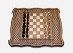 Handle chess board open flat with pieces arranged in starting position, angled top view