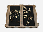 Handle chess board open showing both felt-lined compartments with pieces stored inside