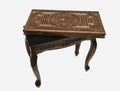 Handle Rosette Ornament backgammon table closed, angled view showing the carved lid and cabriole legs