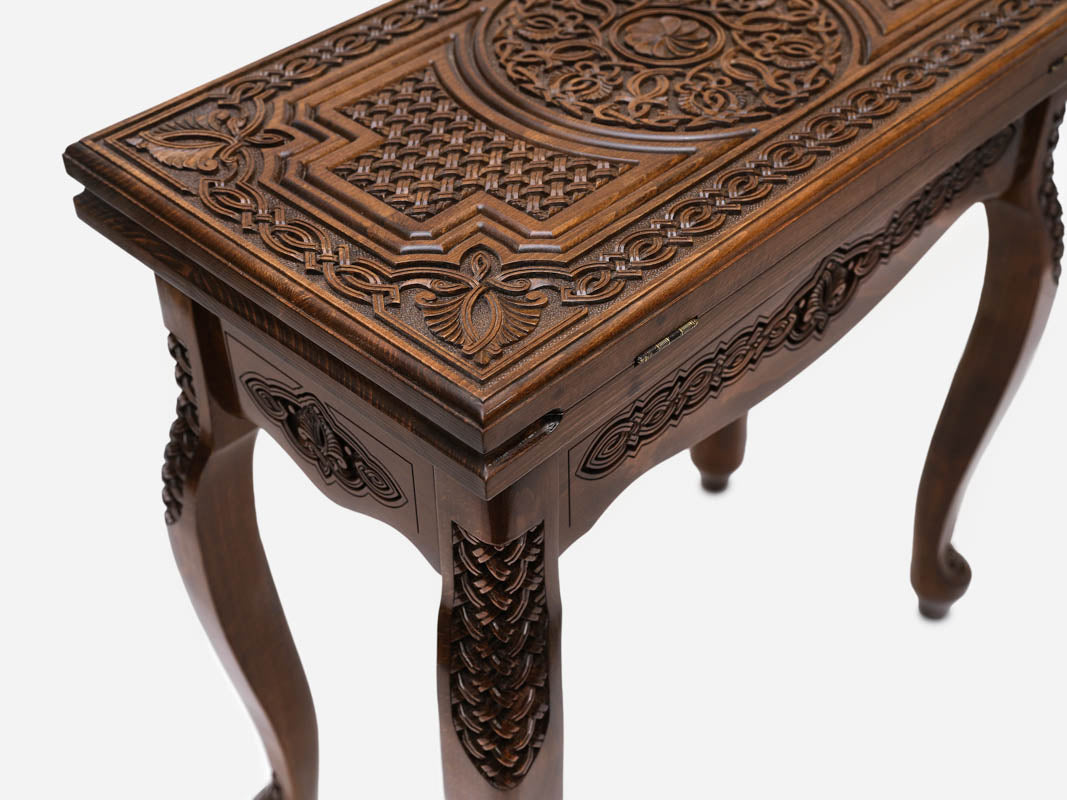 Handle Rosette Ornament backgammon table set up for play, angled view