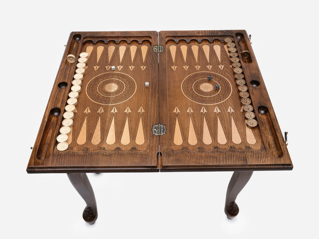 Handle Rosette Ornament backgammon table closed, front elevation view
