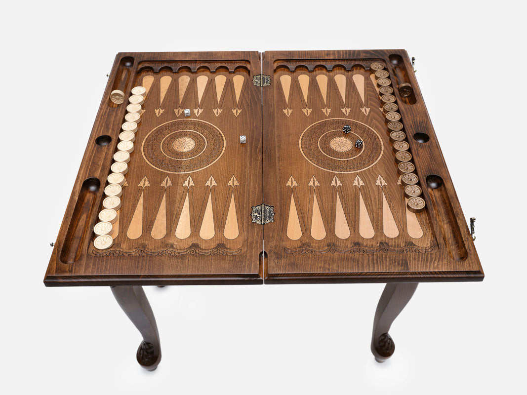 Handle Rosette Ornament backgammon table closed, front elevation view