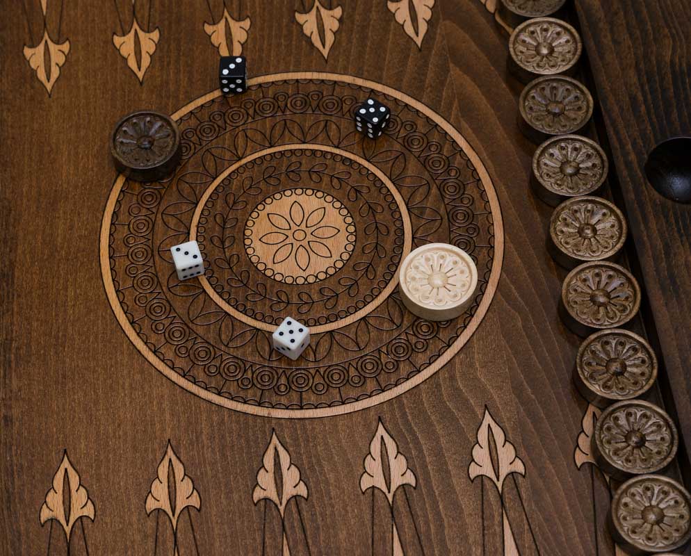 Handle Rosette Ornament backgammon table opened flat with checkers set up, top-down view