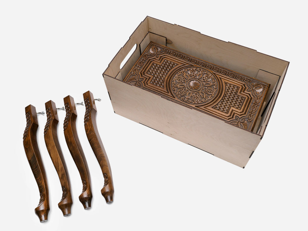 Handle Rosette Ornament backgammon table disassembled in its shipping crate