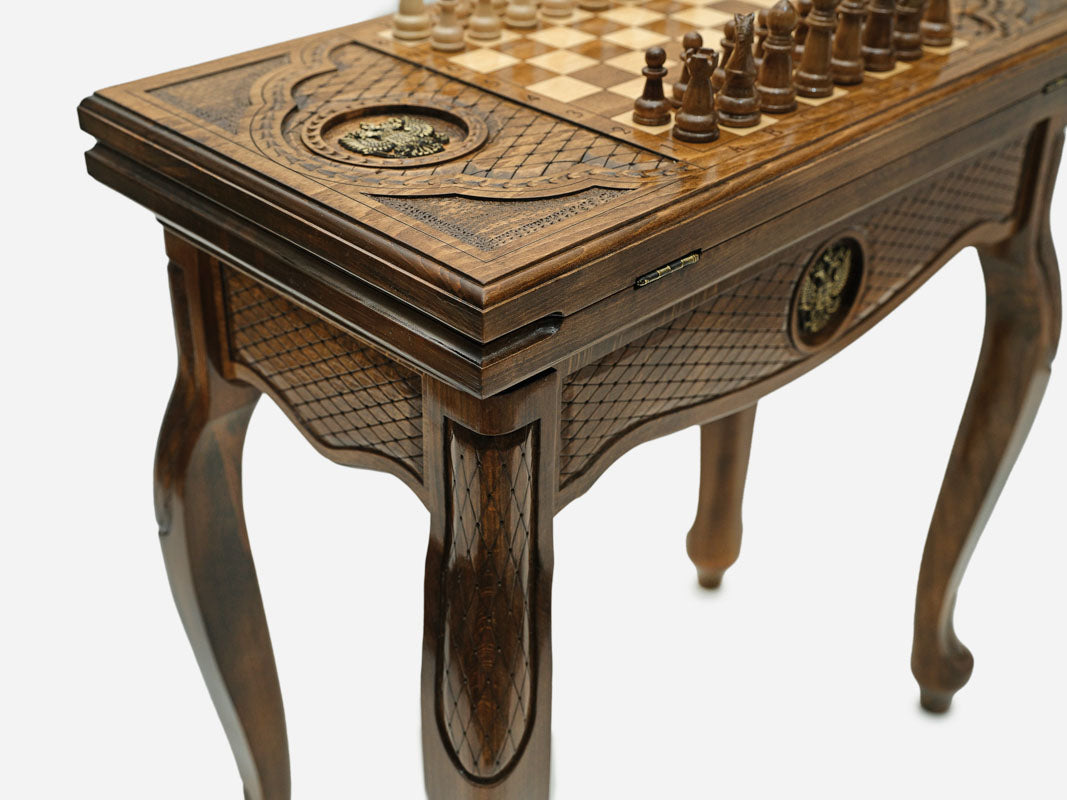 Close-up of the Russian coat of arms backgammon board detail on the Handle table