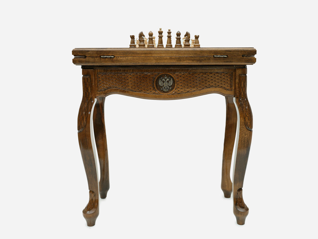 Handle Russian Coat of Arms table opened flat for backgammon with checkers set up, top-down view