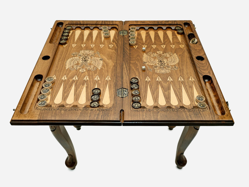 Handle Russian Coat of Arms chess-backgammon table set up for chess, straight front view
