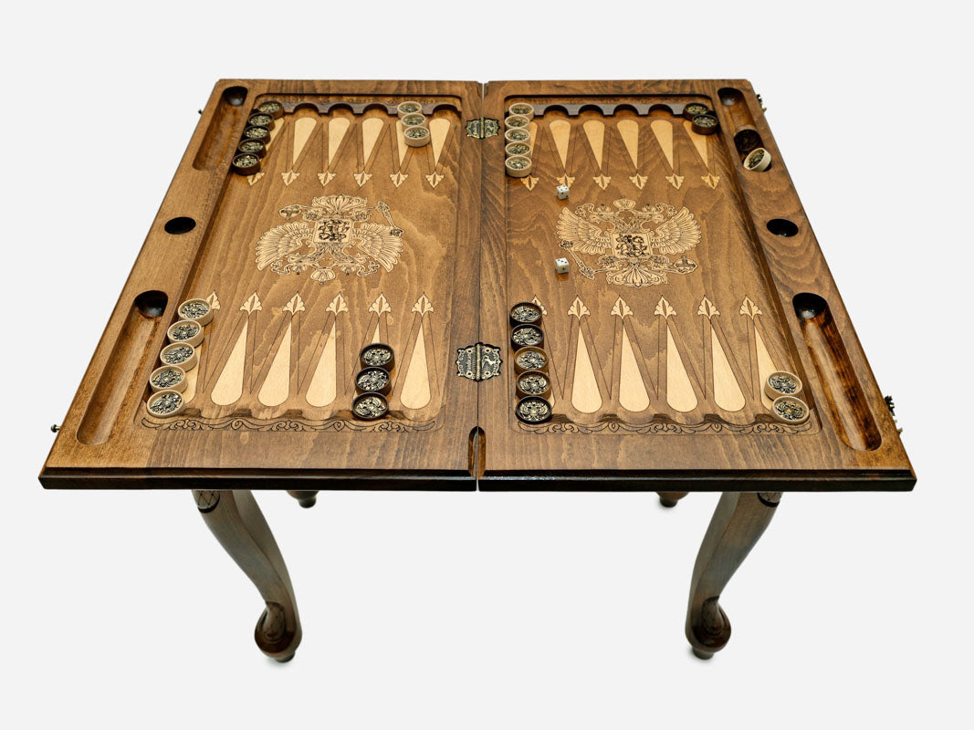 Handle Russian Coat of Arms chess-backgammon table set up for chess, straight front view