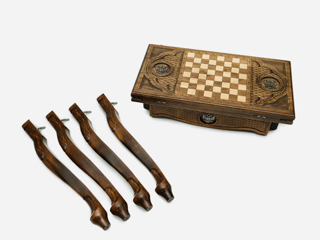 Handle Russian Coat of Arms chess-backgammon table disassembled in its shipping crate