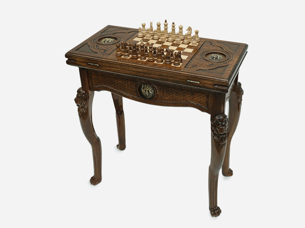 Handle Lion chess and backgammon table set up for chess, angled view showing the carved lion legs