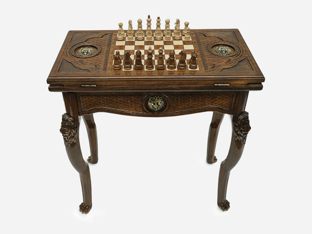 Handle Lion chess-backgammon table closed, front view showing the drawer and lion legs