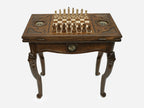 Handle Lion chess-backgammon table closed, front view showing the drawer and lion legs