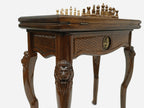Handle Lion table opened flat for backgammon with checkers set up, top-down view