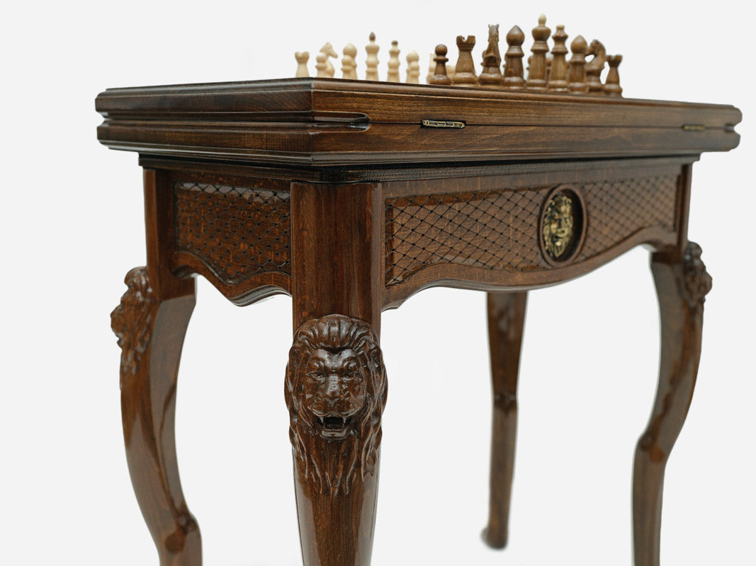 Handle Lion table opened flat for backgammon with checkers set up, top-down view
