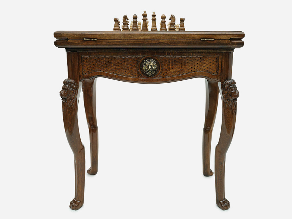 Handle Lion chess-backgammon table with chess pieces set up, front view