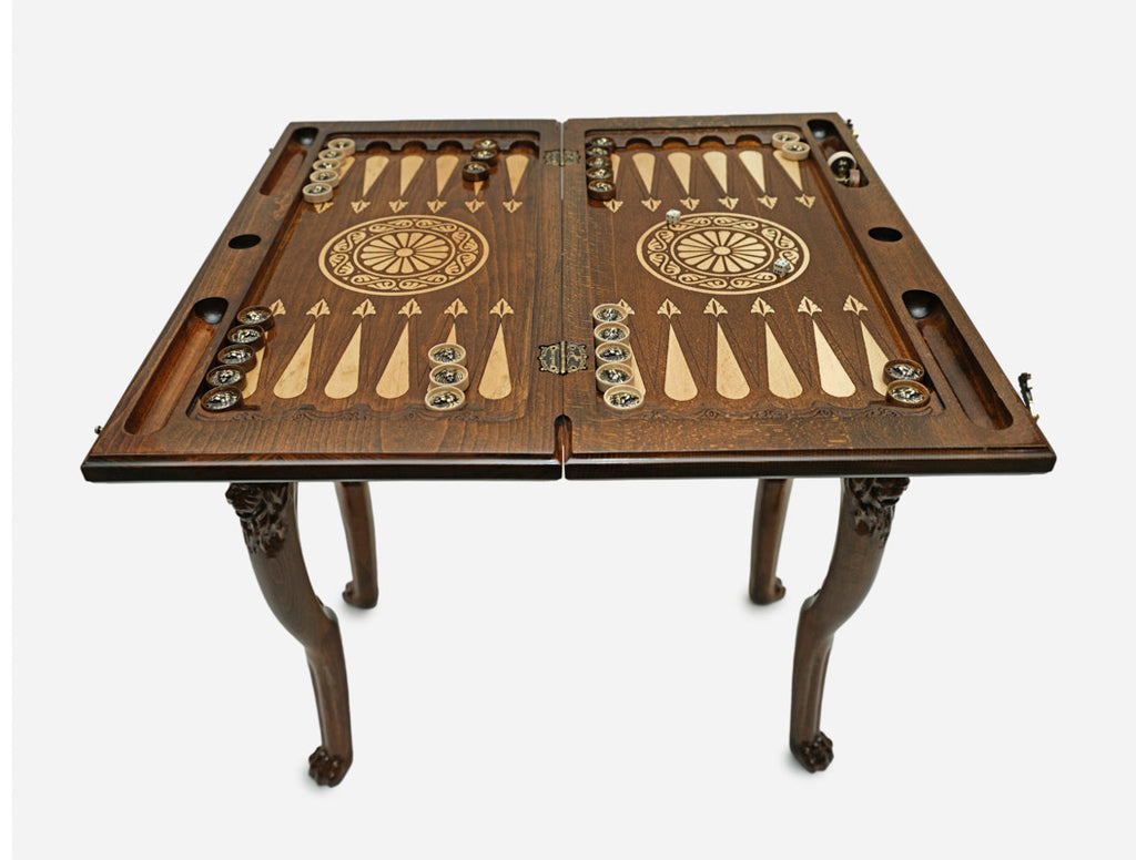 Handle Lion chess-backgammon table set up for chess, straight front view